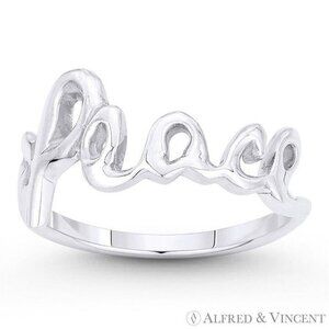"Peace" Word Cursive Script Stackable Ring in .925 Sterling Silver - Size 8